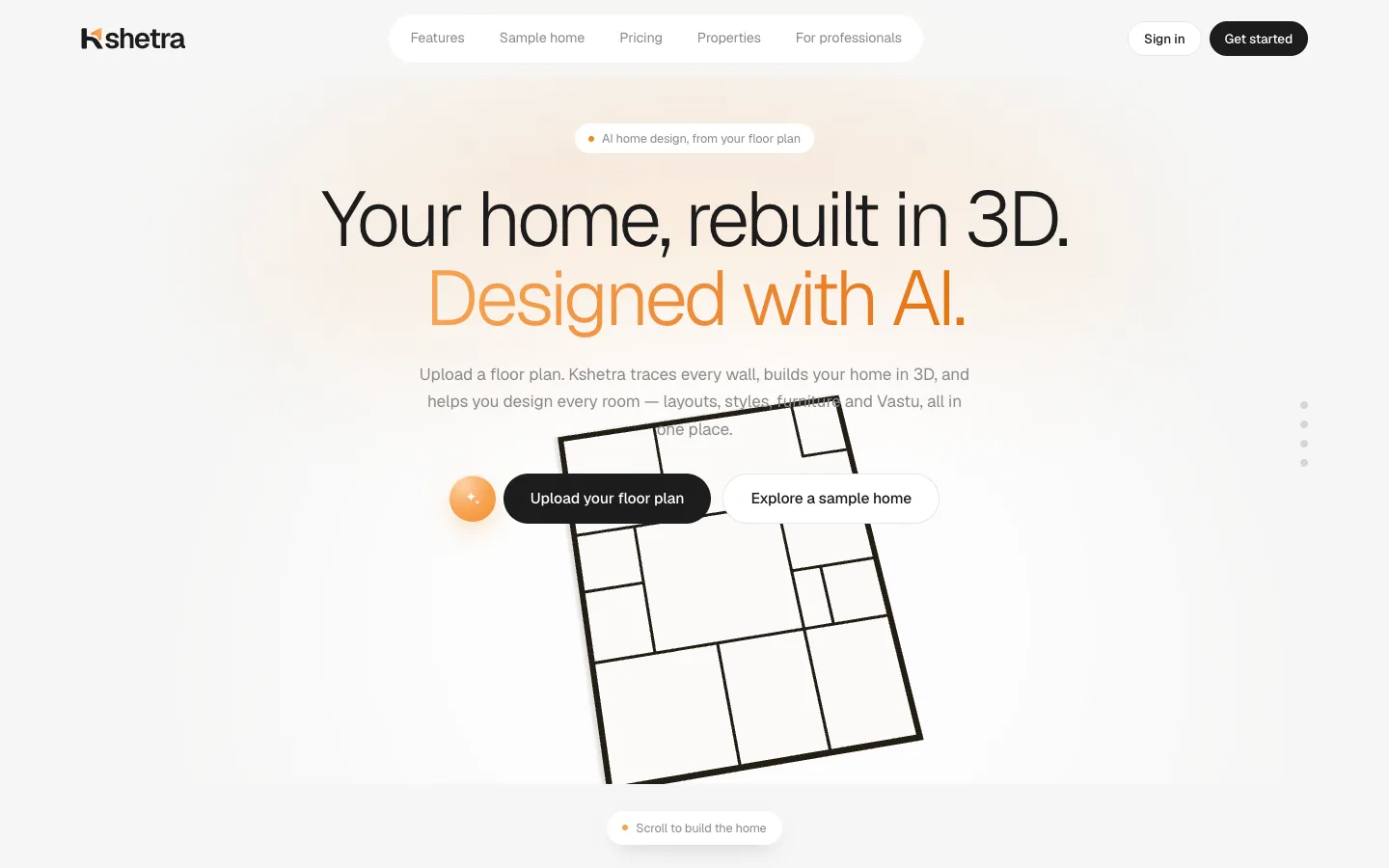 Kshetra.ai homepage — upload a floor plan, rebuilt in 3D
